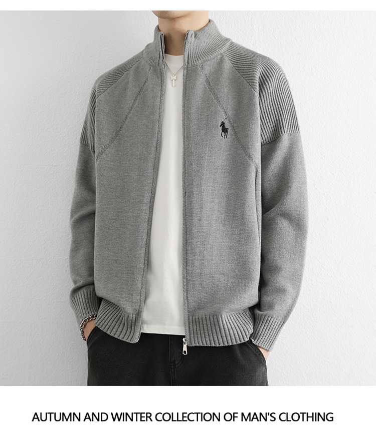 Gilet cardigan homme à double fermeture éclair, logo équitation tendance, col montant, maille haut de gamme, style business_voghion.com