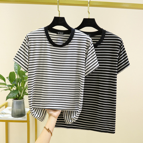 Bitumen fashion striped crew neck short sleeve T-shirt with hemmed edge, summer casual simple loose women's top