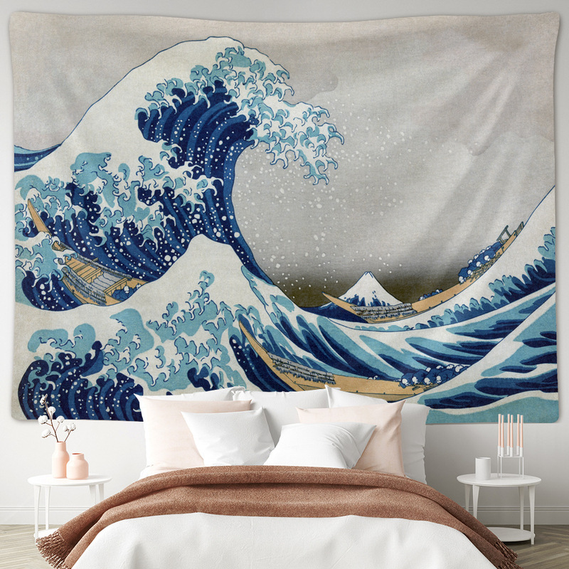 Japanese Style Ukiyoe Wave Tapestry Japanese Style Home Wall Background Hanging Cloth Room Decoration Blue Simple