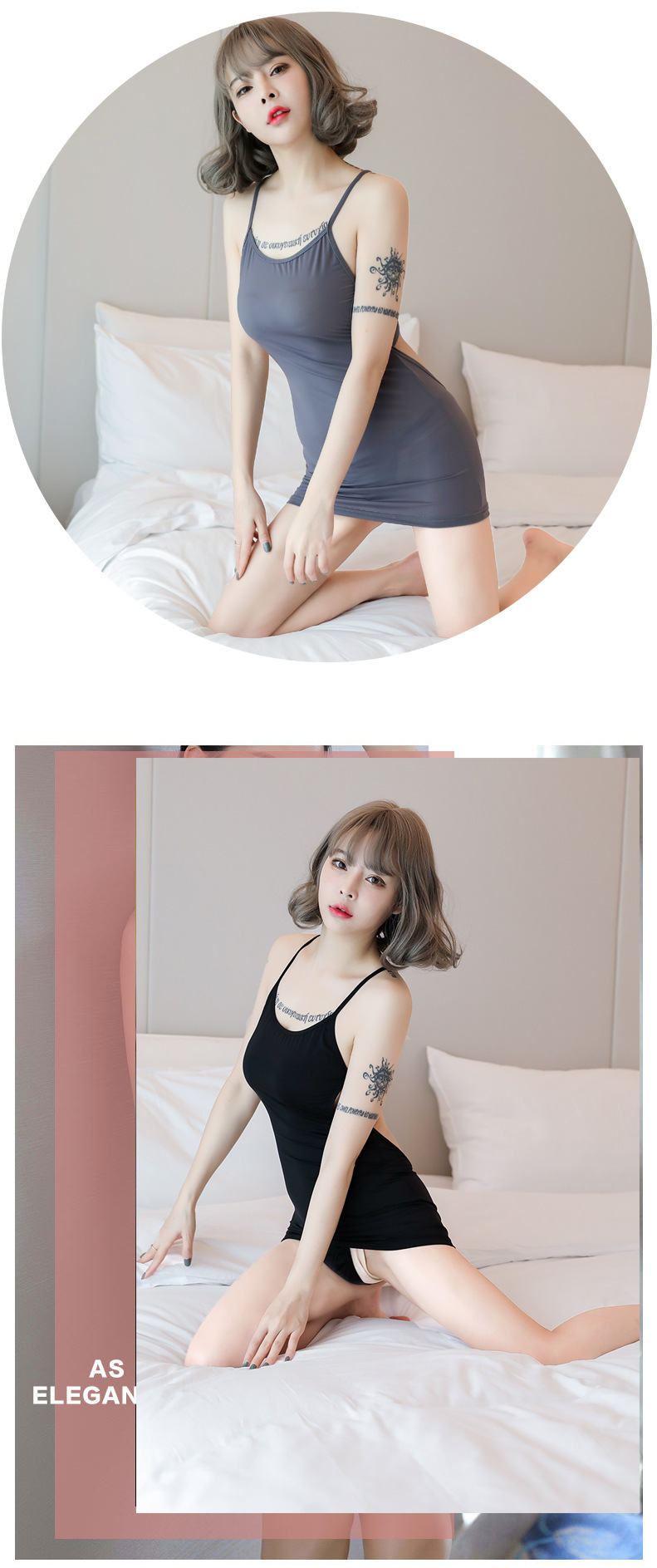 Backless Ice Silk Lingerie Set with Sheer Top and Hip Skirt, Grey One Size — detail image 10