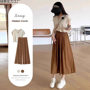 This Year's Popular Summer Clothes for Women Who Are Slightly Chubby, Tea-Style Wear, a Complete Set of Slimming Wide-Leg Pants and Skirts, Two-Piece Set for Women