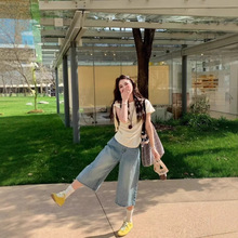 FUIV高街阔腿七分牛仔裤女2025年夏季新款蓝色高腰显瘦小个子百搭