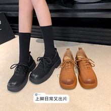 笃笃家~羊巴戈~！厚底复古系带小皮鞋女粗跟松糕底擦色圆头单鞋