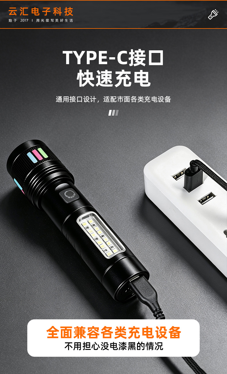 Cross-border white laser flashlight with adjustable zoom, dual light source, outdoor camping adventure emergency flashlight, dustproof flashlight