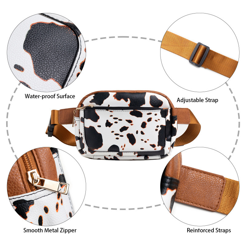 Bolsos de cinturón de impresión de vaca en stock, bolsas de cinturón de mujer en todas partes, bolsas de cinturón de cinturón, cinturón ajustable