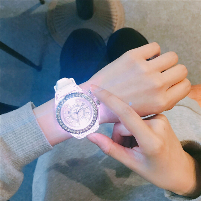 Luminous luminous personality rhinestone led Harajuku Korean fashion trend men and women students couple jelly quartz watch_voghion.com