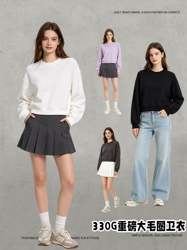 A principios de otoño pesado 330G gran lazo de cuello redondo ropa de mujer corta marca de moda de color sólido con cremallera sudadera con capuz al por mayor image 3