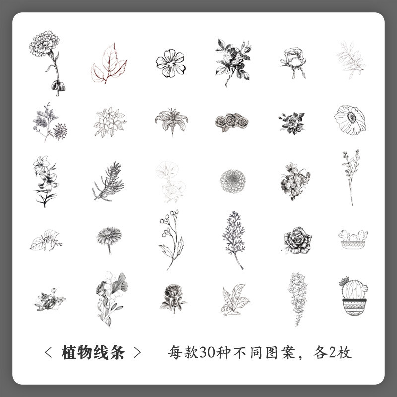 60 piezas de serie de historias naturales Pegatinas de cuentas de mano pegatinas de cuentas de mano para niños creativo material vegetal retro pegatinas a prueba de agua