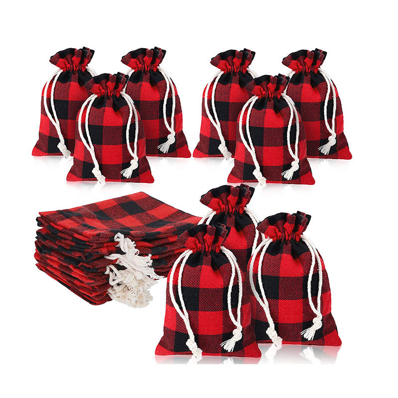 亚马逊热销圣诞格子棉布袋 大红色糖果礼品袋 抽绳束口袋可印LOGO