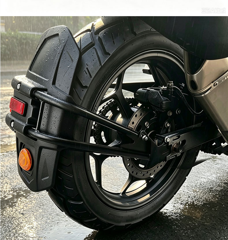 Motorcycle modified rear fender bracket with widened and enlarged mudguard and reflective strip for rear wheel splash protection during riding
