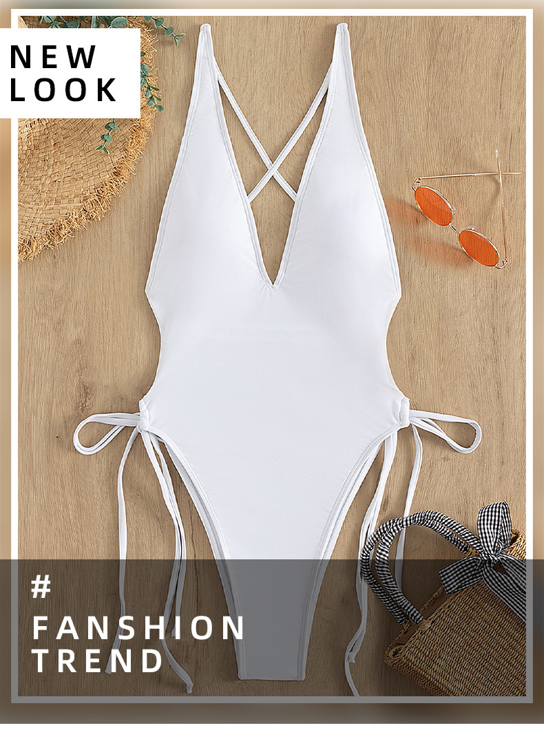 One-piece Swimsuit Deep V Neck Sexy Solid Colour Beach Bikini_voghion.com
