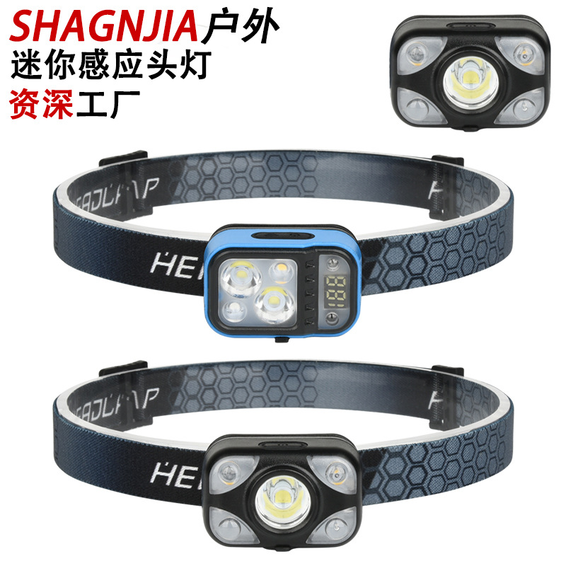 Transfronterizo nuevo LED de inducción faro digital eléctrico pantalla montado en la cabeza Faro de pesca Lámpara de trabajo al aire libre luz fuerte faro