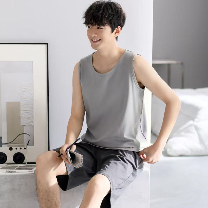 綿メンズ夏の新しいホームウェアスーツベストトップショーツツーピースセットは外で着用できます卸売|undefined