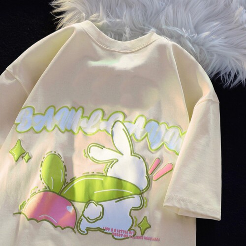 Cotton 2024 Summer Rabbit Graphic Tee Shirt Cross-border Trade Women's Fashion Cute Loose Short Sleeve T-Shirt for Women