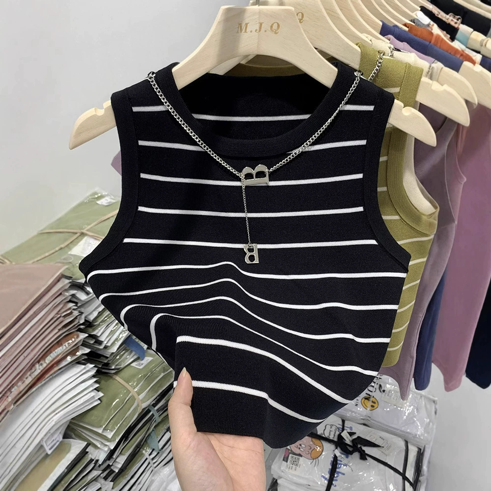 Полосатая вязаная майка с защитой от воздействия для женщин, летняя рубашка с широкими бретелями, облегающий топ