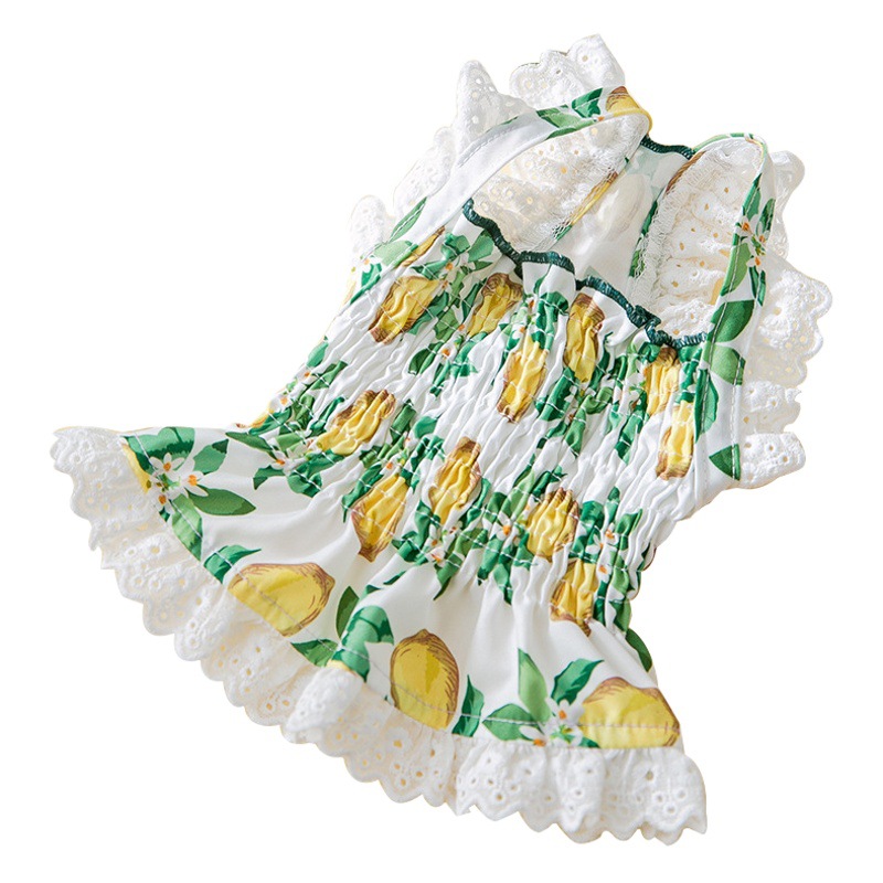 Gato primavera y verano borde de encaje fresco pequeño limón suspender falda verde dulce perro vestido ropa para perros mascotas