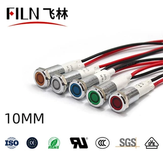 10mm平头带线指示灯12V220V金属信号灯厂家防水防尘 FL1M-10FW-1