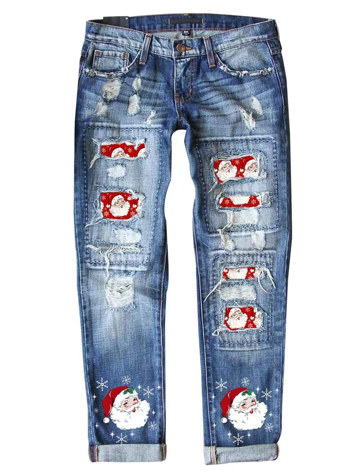 Jeans Rectos con Rotos para Mujer de Mezclilla de Algodón, Estampado, Lavado image 7