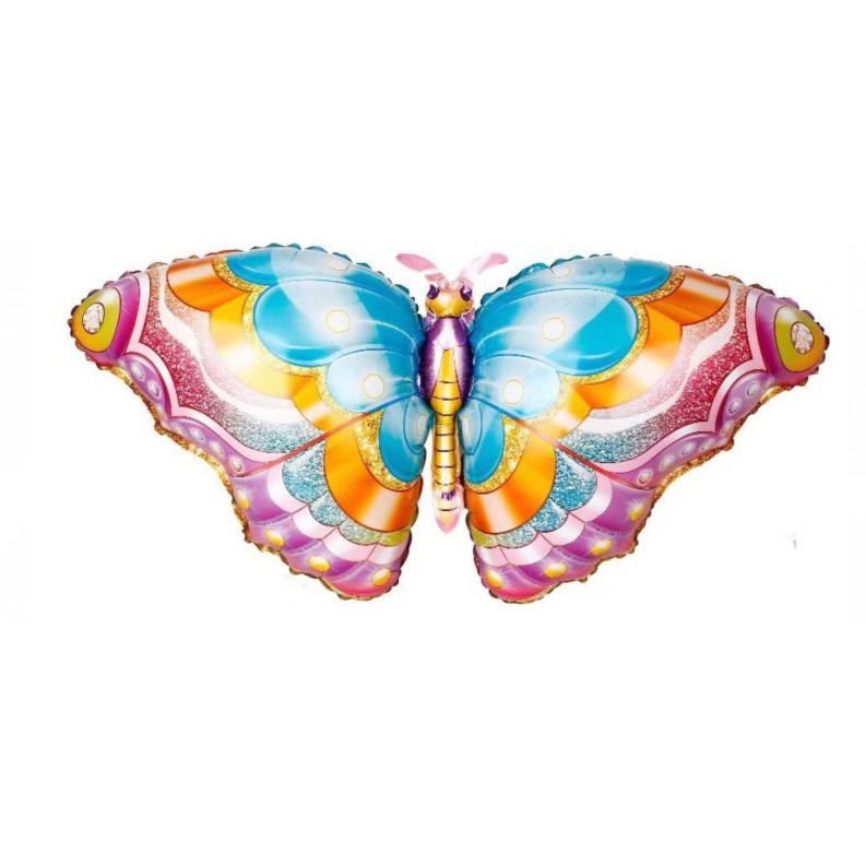 Lado volando mariposa mariquita flor película de aluminio globo decoración de la fiesta de cumpleaños de los niños forma de mariposa globo al por mayor