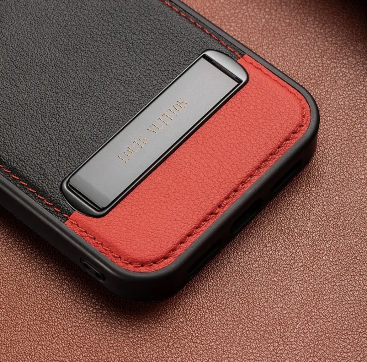 Ốp lưng da bò thật cao cấp cho iPhone 16 Pro Max, 15, 14, 13, 12 – kiểu dáng kinh doanh sang trọng — Đường màu đỏ đen và nhỏ, Đường màu xanh đen và nhỏ, Màu đen có vạch trắng nhỏ màu nâu, Đường trắng nhỏ màu đỏ và đen chi tiết 5