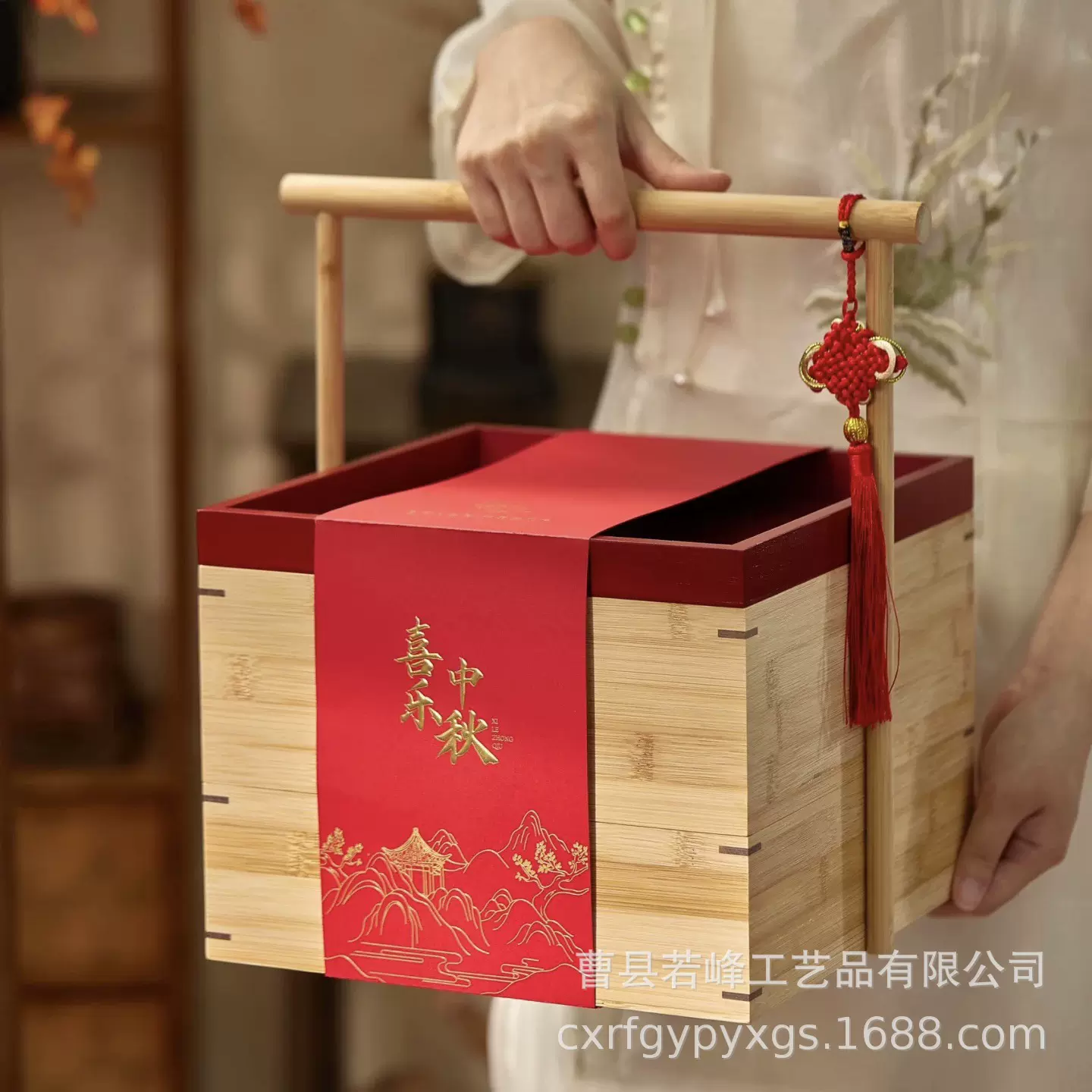 木质月饼盒手提双层点心糕点包装盒伴手礼提篮中秋节月饼礼品盒