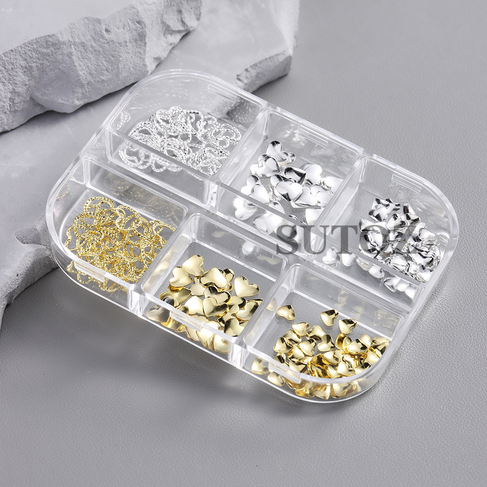 6-Compartment Gold and Silver Two-Tone Heart Nail Art Decoration Set, Hollow Twist Solid Heart Sequins, Exquisite Versatile Decoration