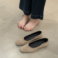韩版小方头低跟绒面豹纹单鞋女鞋新款纯色职业通勤百搭浅口鞋女