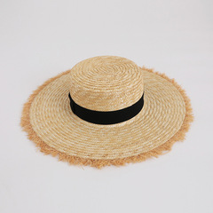 Cross-border grass braided wide-brimmed flat-top hat for women, summer beach sand sunshade, sunscreen woven brim edge, embellished hat