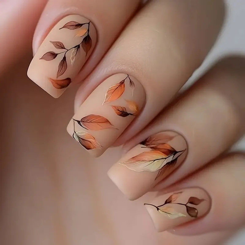 European and American Cross-Border 24-Piece Hot-Selling Manicure Autumn and Winter Elegant Warm Color Leaf Pattern Medium Rectangular Wearable Nail Polish Wholesale European and American Cross-Border 24-Piece Hot-Selling Manicure Autumn and Winter Elegant Warm Color Leaf Pattern Medium Rectangular Wearable Nail Polish Wholesale