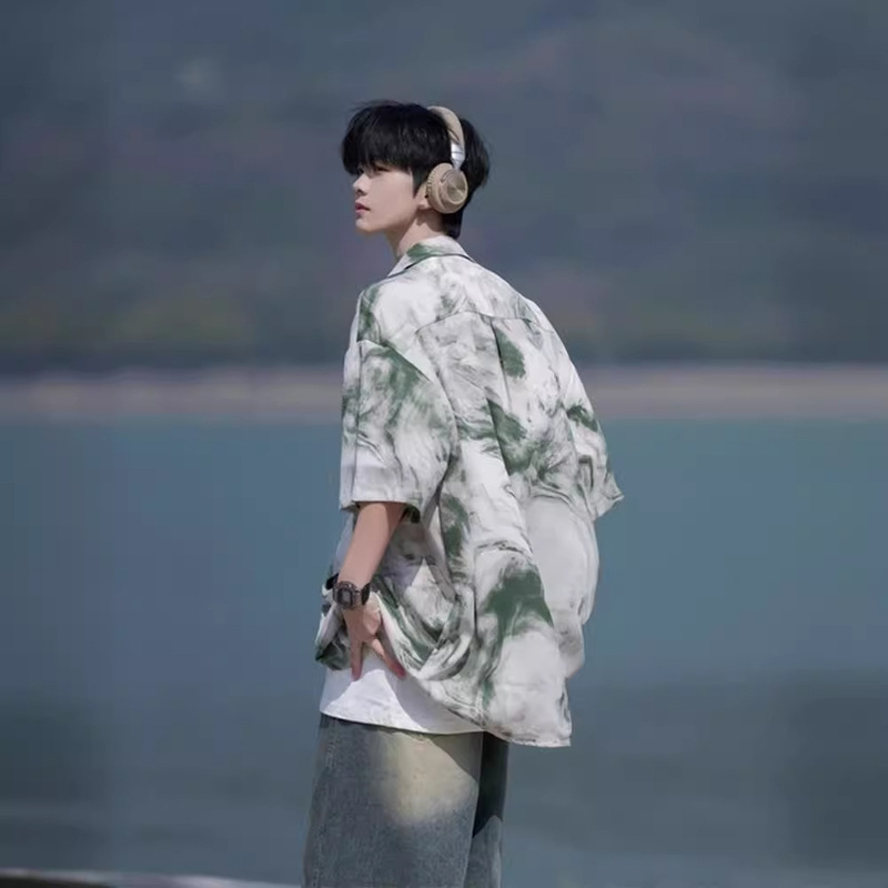 Tie-Dye Short-Sleeved Shirt Men's Summer Ice Silk Seaside Flower Shirt plus size Loose Trendy Brand Jacket Beach Seven-Sleeve