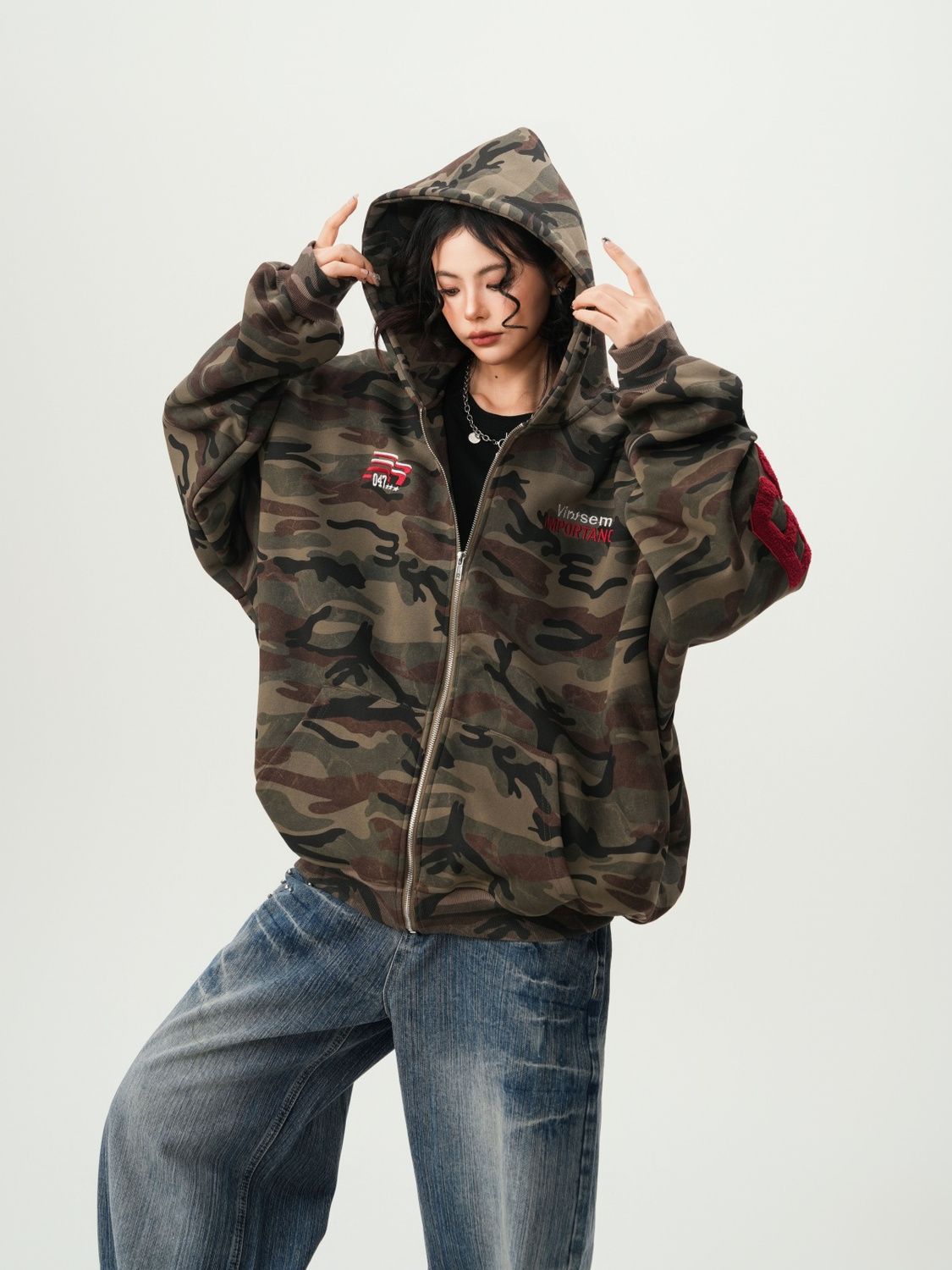 American Streetwear Camouflage Cardigan Hoodie Unisex Couples Spring Vintage Trendy Oversized Casual Hooded Sweatshirt