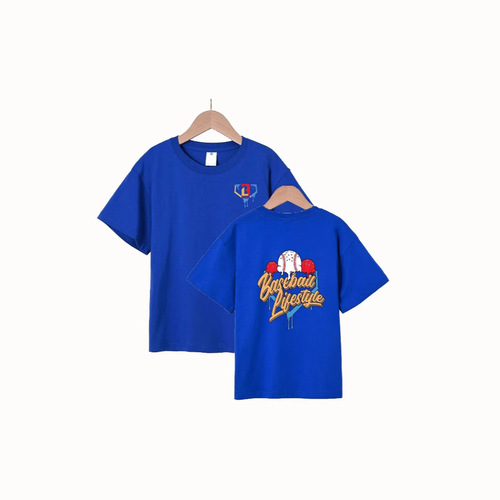 Summer Parent-Child Set 100% Cotton Children 220G Close Knit Slub Spun Small Drop Shoulder Baseball Print Versatile Style