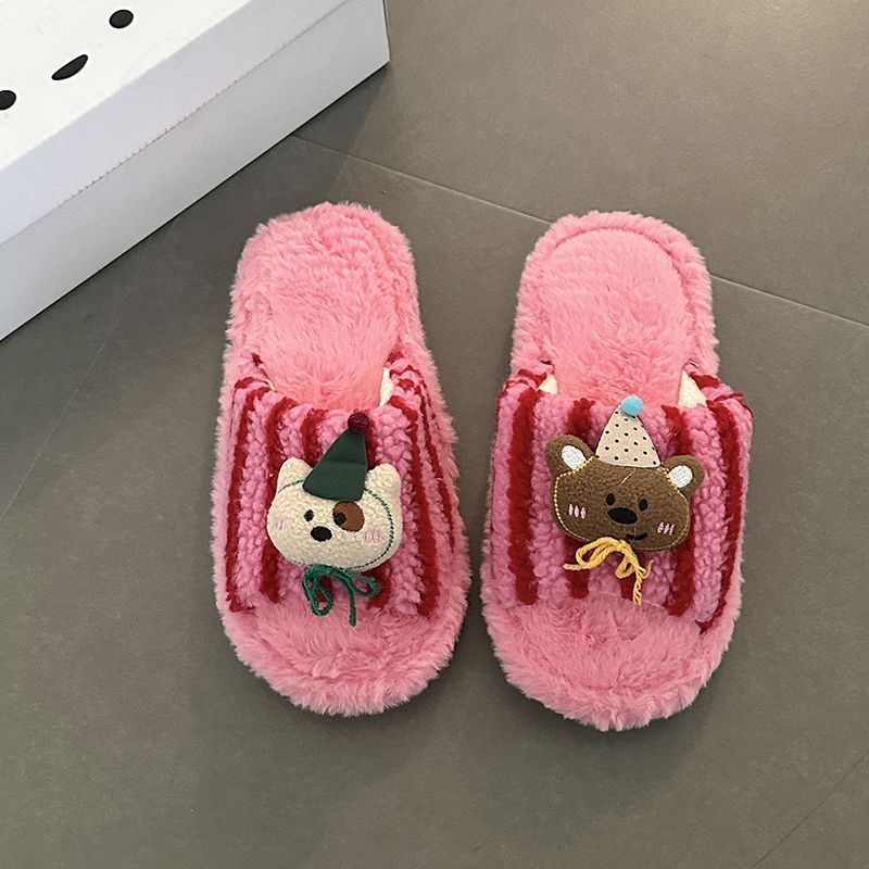 Moda versátil estilo retro lindas zapatillas de pelo de oso damas 2026 otoño y invierno nuevas zapatillas de algodón de peluche a rayas image 7