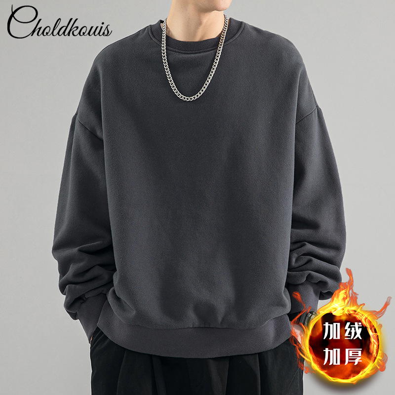 벨벳 스타일의 다크 그레이 라운드넥 스웨트셔츠 - 솔리드 컬러 [GL]