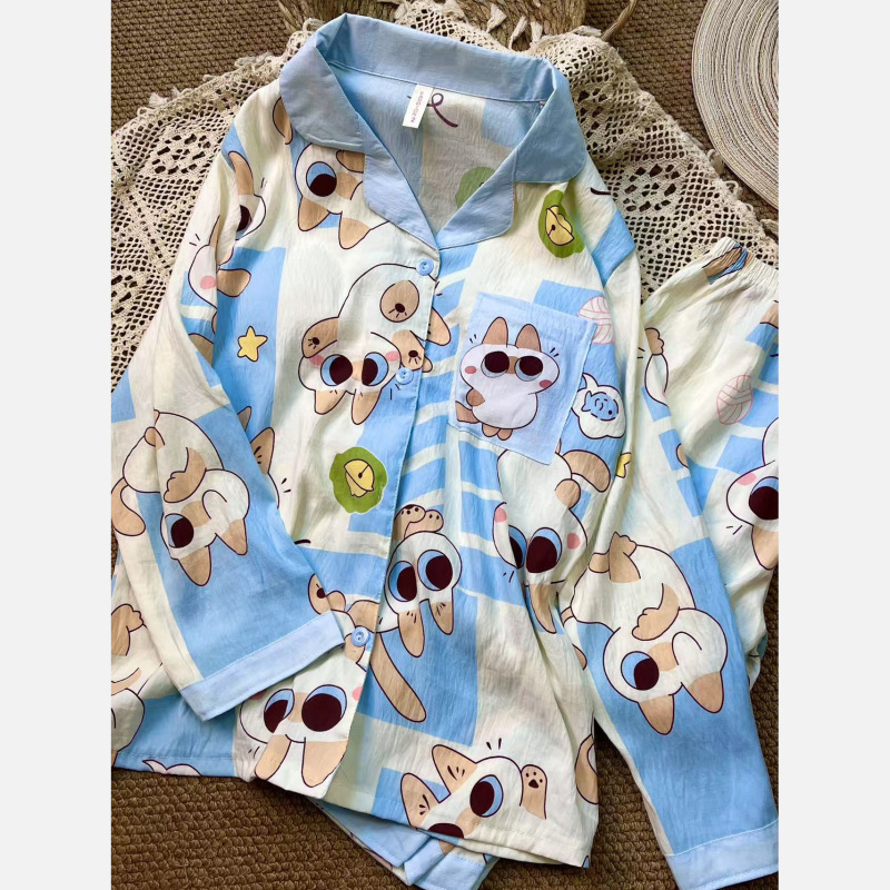 睡衣女款长袖长裤带胸垫春秋季2025年新款卡通可爱翻领家居服套装|undefined