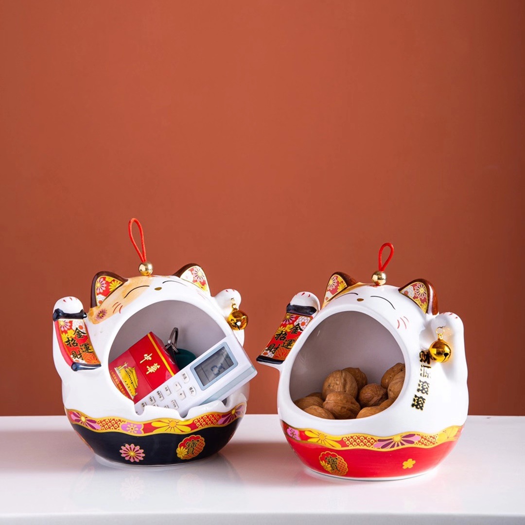 Estilo japonés creativo personalizado Lucky gato decoración de almacenamiento de cerámica regalo del hogar cenicero tarro de almacenamiento