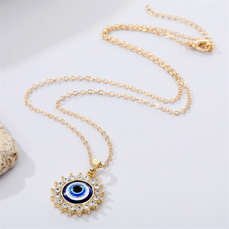 European CrossBorder Sold Jewelry Vintage Full Diamond SUNFLOWER Devils Eye Pendant Necklace Turkish Eye Metal Necklacepicture2