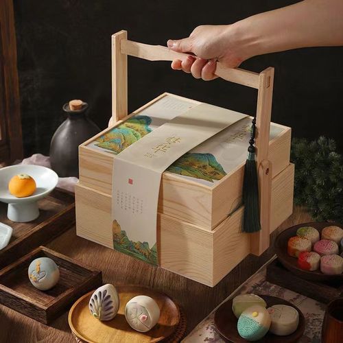 Mid-Autumn mooncake packaging box, basket, Chinese-style gift box, solid wood Mid-Autumn mooncake box, wooden simple pastry food box