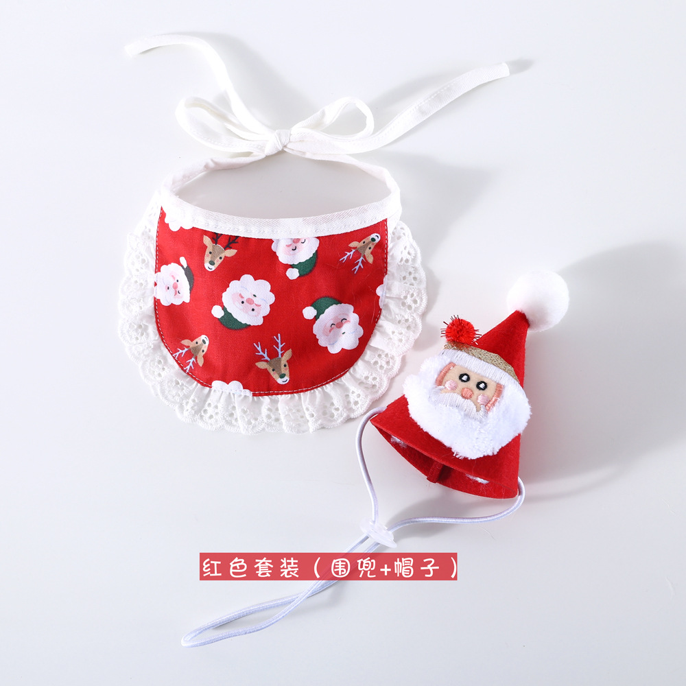Mascota gato perro de dibujos animados felpa Santa ELK rojo verde sombrero tocado encaje babero traje