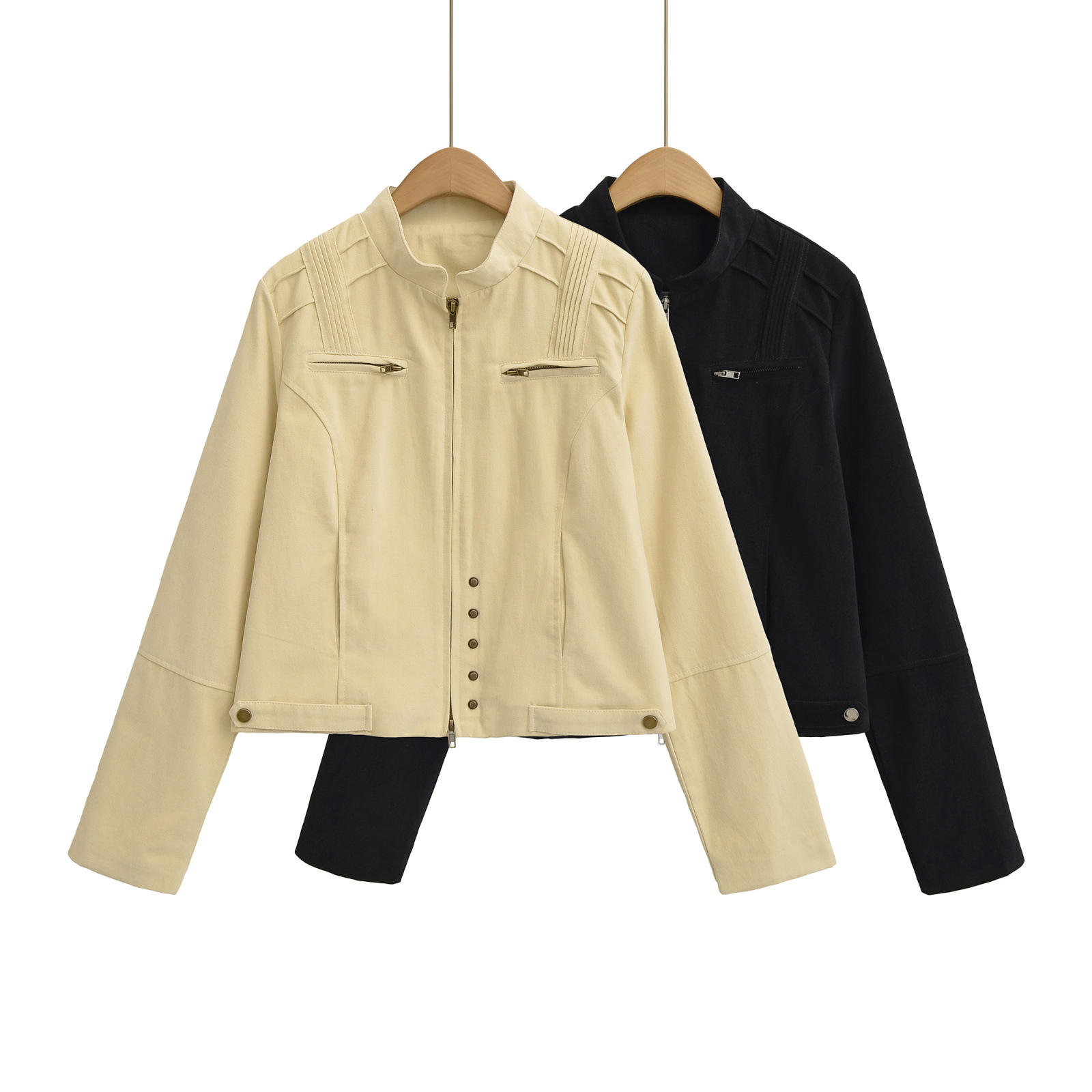 American Retro Motorcycle Stand Collar Short Work Jacket for Women, Autumn New Vintage Style Casual Jacket Top