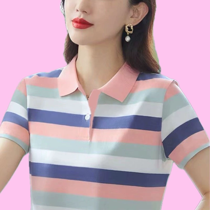 Женская футболка с воротником-поло больших размеров в милую полоску, летний новый стиль, уменьшающий возраст топ с лацканами для мам среднего возраста