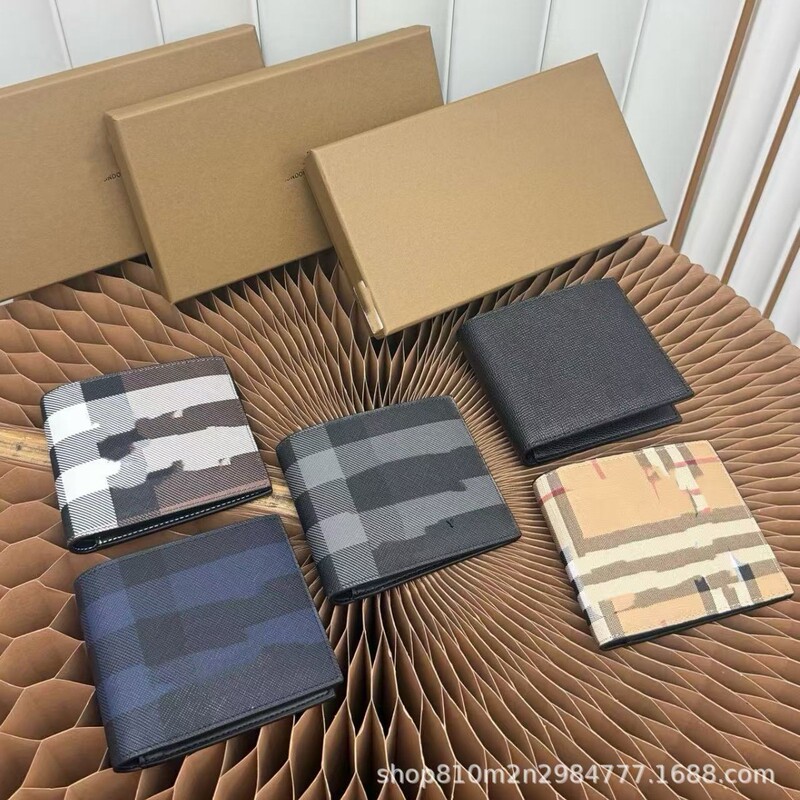 Men's plaid short wallet, genuine leather, foldable card holder, business fashion, multiple card slots, storage, comes with gift box Men's plaid short wallet, genuine leather, foldable card holder, business fashion, multiple card slots, storage, comes with gift box