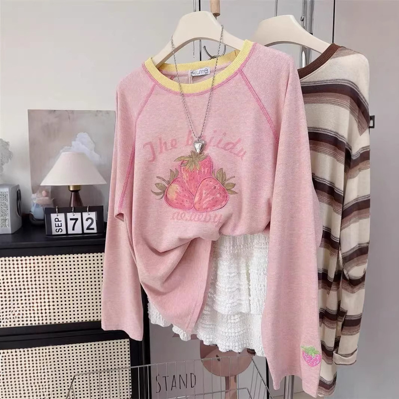 Cross-Border Plus Size 120kg Strawberry Youthful Long-Sleeve T-Shirt Women's Autumn Base Layer Top Loose Embroidery Cross-Border Plus Size 120kg Strawberry Youthful Long-Sleeve T-Shirt Women's Autumn Base Layer Top Loose Embroidery