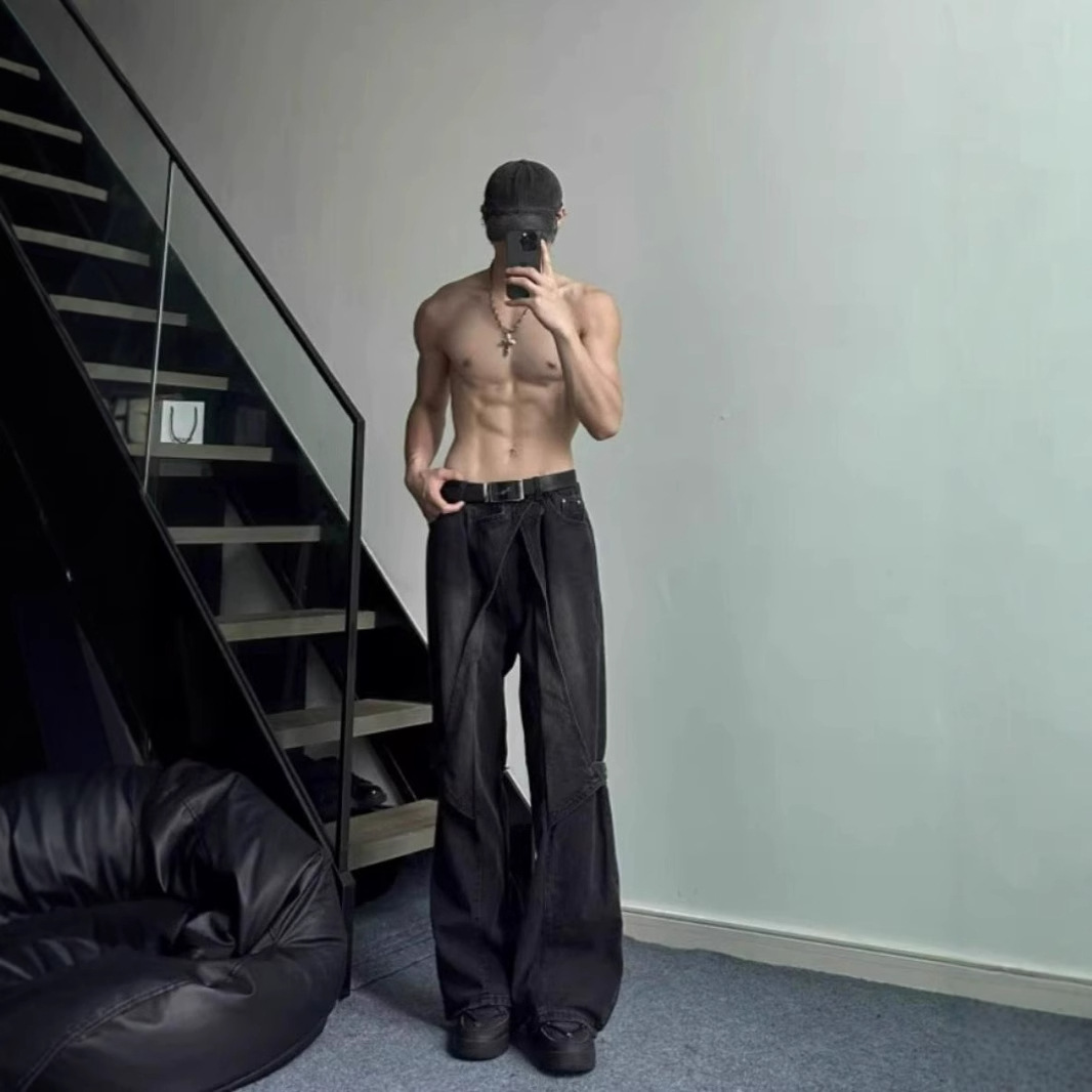 boy Black Cargo Jeans For Men, Design Sense Deconstructed Pants, European And American High Street Tall Flared Pants_voghion.com