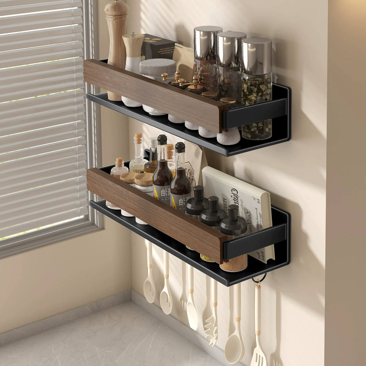 Walnut kitchen hook hole-free hanging rod pot spoon shovel hanger multi-function wall-mounted storage rack