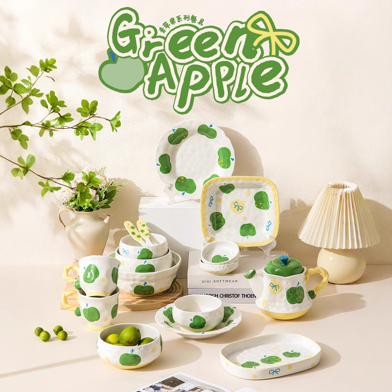 Green Apple Underglaze Color Bowls and Plates, Light Luxury Ceramic Bowls and Spoons, a Complete Set of Simple Household Tableware, Soup Bowls and Plates Set