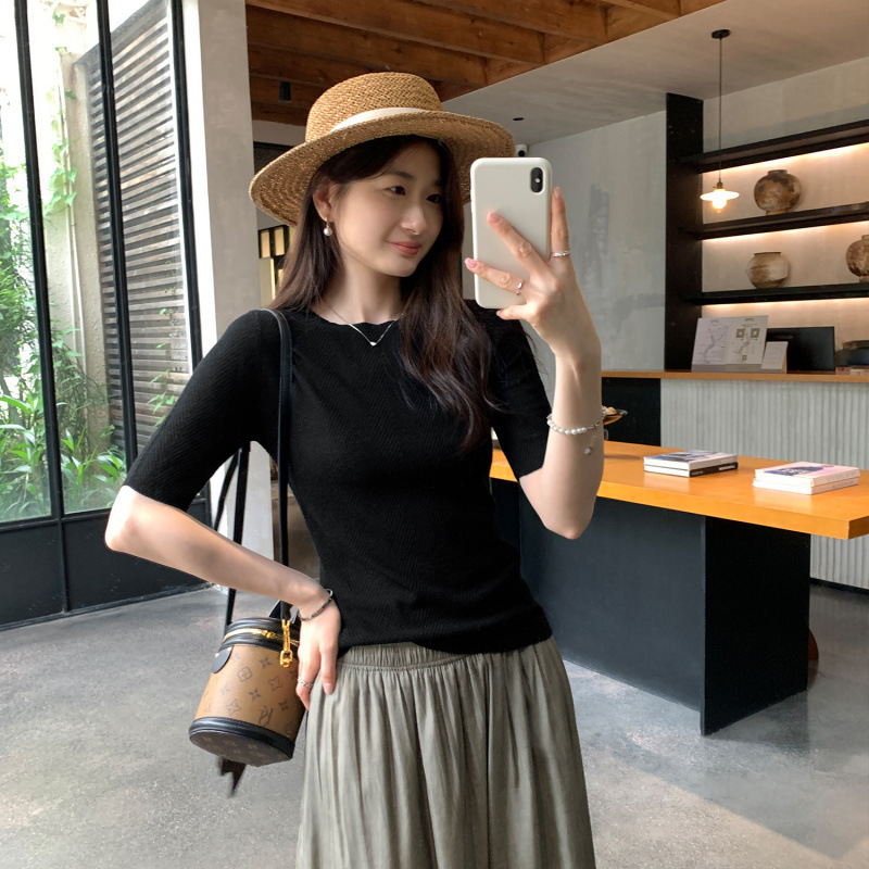 Mall Clearance Unique Beautiful Round Neck Right Shoulder Mid-Sleeve Wool T-Shirt for Women 2025 Summer New Slim Fit Top Mall Clearance Unique Beautiful Round Neck Right Shoulder Mid-Sleeve Wool T-Shirt for Women 2025 Summer New Slim Fit Top
