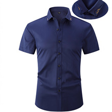 加工定制亚马逊temu爆款欧码男士衬衫男短袖纯色领部刺绣衬衫男款