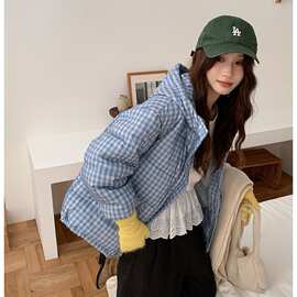 Z5691小众可爱格纹韩系连帽棉服秋冬女面包服甜美格子棉衣外套厚