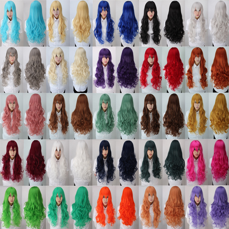Cross-border hot wig cos anime wig oblique bangs multi-color universal long curly hair large wave chemical fiber headgear